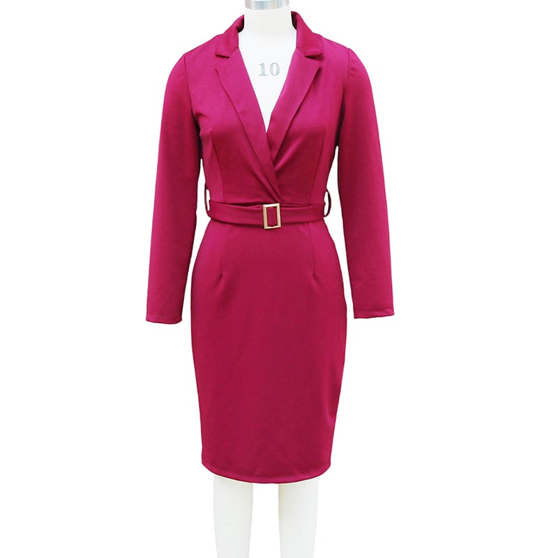 Women's Solid Color Blazer V-Neck Dress With Belt & Hem Slit - Slim Fit Formal Midi Dress For Spring&Fall