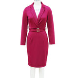 Women's Solid Color Blazer V-Neck Dress With Belt & Hem Slit - Slim Fit Formal Midi Dress For Spring&Fall