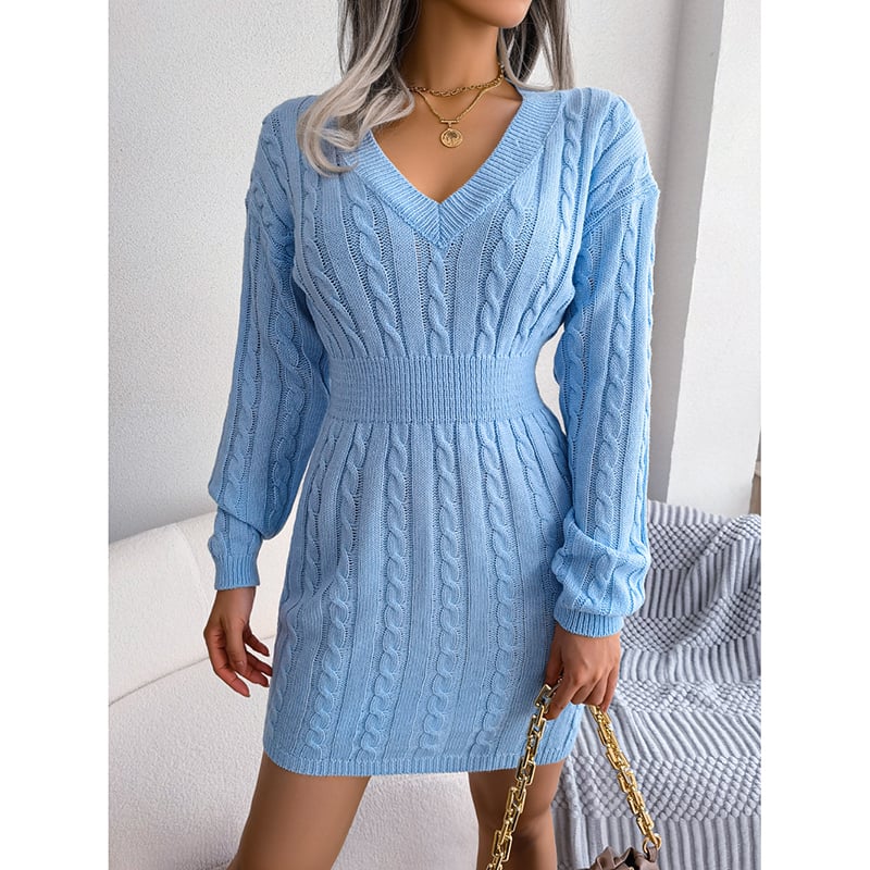 Women's 2025 Fall Winter V-Neck Bodycon Mini Sweater Dress Long Sleeve Pullover Knit Dress Casual & Sexy Tight Fit