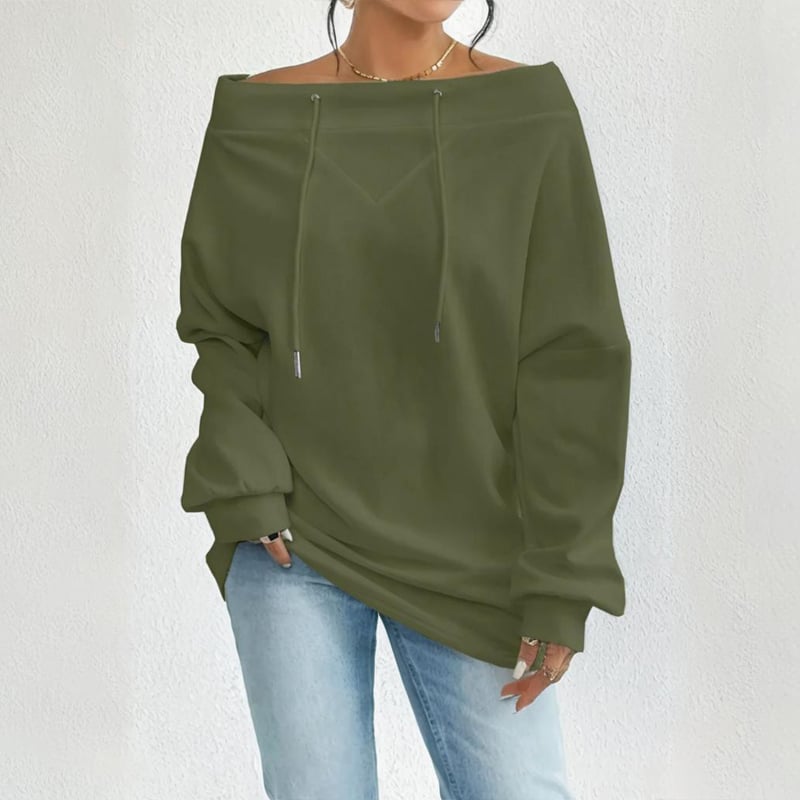 Plus Size Women's Solid Color Off-Shoulder Long Sleeve Pullover With Drawstring - Casual Ribbed Detail Top For Spring&Fall