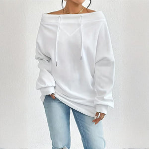 Plus Size Women's Solid Color Off-Shoulder Long Sleeve Pullover With Drawstring - Casual Ribbed Detail Top For Spring&Fall