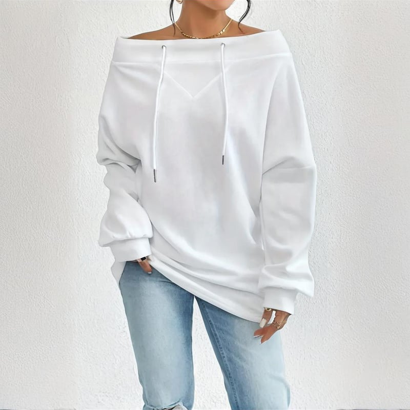 Plus Size Women's Solid Color Off-Shoulder Long Sleeve Pullover With Drawstring - Casual Ribbed Detail Top For Spring&Fall