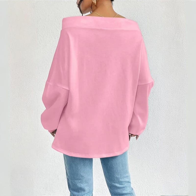 Plus Size Women's Solid Color Off-Shoulder Long Sleeve Pullover With Drawstring - Casual Ribbed Detail Top For Spring&Fall