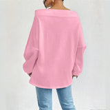 Plus Size Women's Solid Color Off-Shoulder Long Sleeve Pullover With Drawstring - Casual Ribbed Detail Top For Spring&Fall