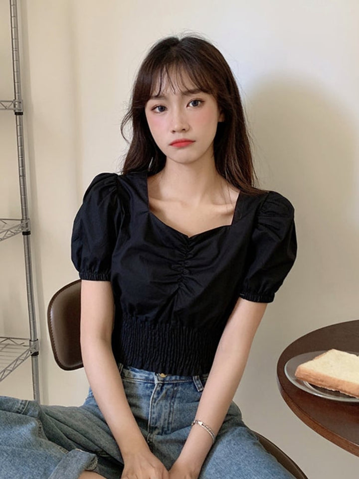 Niche Slim Short Top V-neck Bubble Short-sleeved Shirt Women