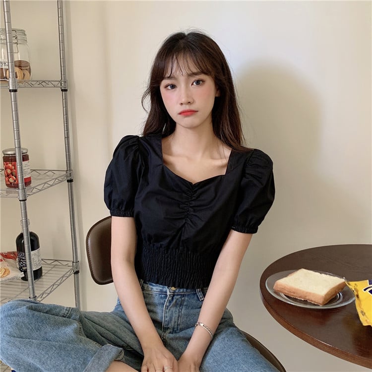 Niche Slim Short Top V-neck Bubble Short-sleeved Shirt Women