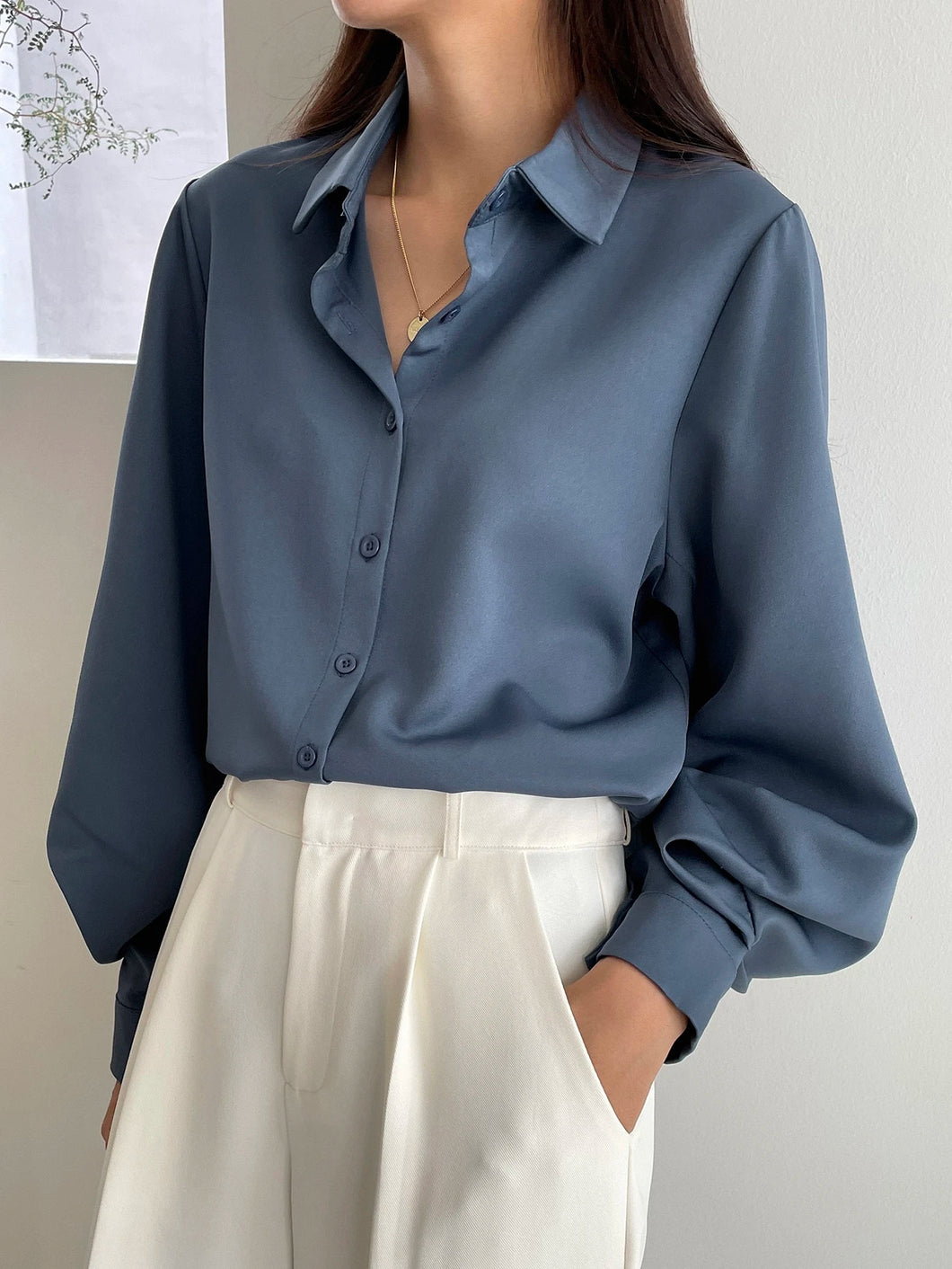 Casual Business Style Solid Color Loose Long Sleeve Lantern Sleeve Turndown Collar Women Shirt,Long Sleeve Tops,Fall Clothes