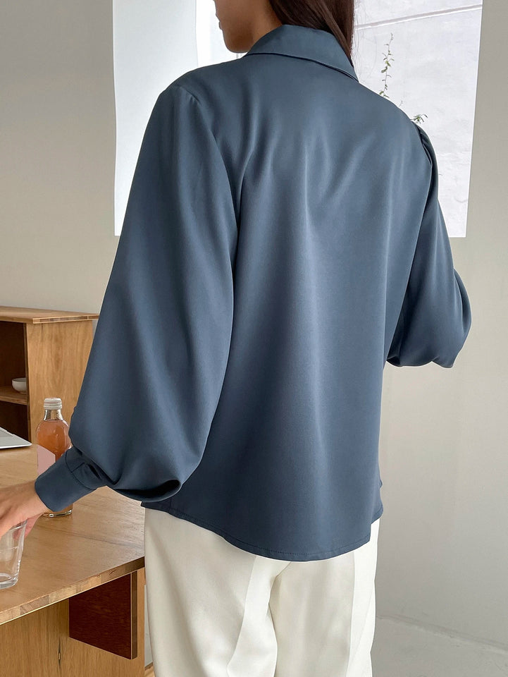 Casual Business Style Solid Color Loose Long Sleeve Lantern Sleeve Turndown Collar Women Shirt,Long Sleeve Tops,Fall Clothes