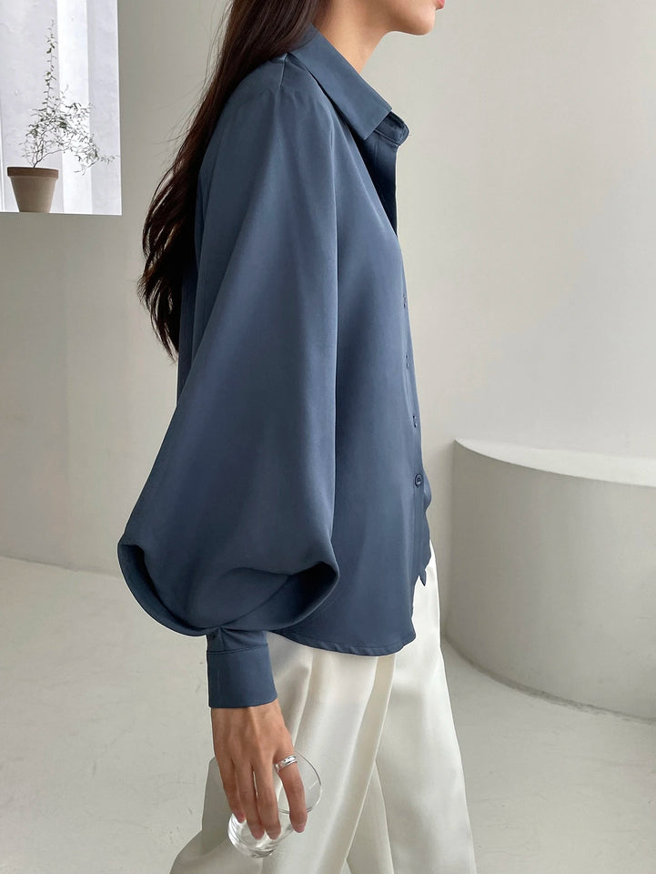 Casual Business Style Solid Color Loose Long Sleeve Lantern Sleeve Turndown Collar Women Shirt,Long Sleeve Tops,Fall Clothes