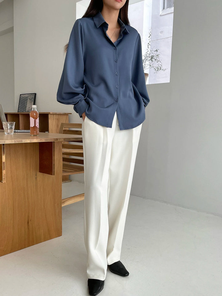 Casual Business Style Solid Color Loose Long Sleeve Lantern Sleeve Turndown Collar Women Shirt,Long Sleeve Tops,Fall Clothes