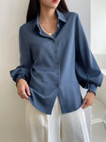 Casual Business Style Solid Color Loose Long Sleeve Lantern Sleeve Turndown Collar Women Shirt,Long Sleeve Tops,Fall Clothes