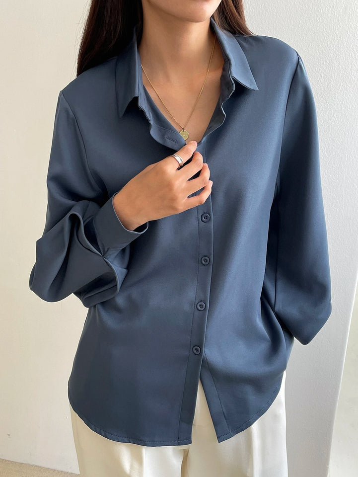 Casual Business Style Solid Color Loose Long Sleeve Lantern Sleeve Turndown Collar Women Shirt,Long Sleeve Tops,Fall Clothes