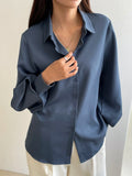 Casual Business Style Solid Color Loose Long Sleeve Lantern Sleeve Turndown Collar Women Shirt,Long Sleeve Tops,Fall Clothes