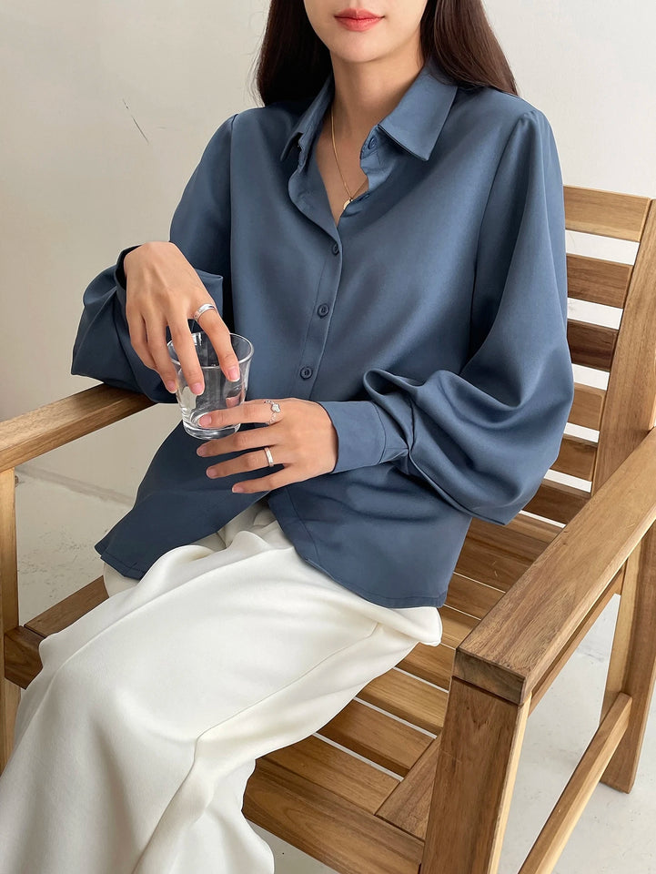 Casual Business Style Solid Color Loose Long Sleeve Lantern Sleeve Turndown Collar Women Shirt,Long Sleeve Tops,Fall Clothes