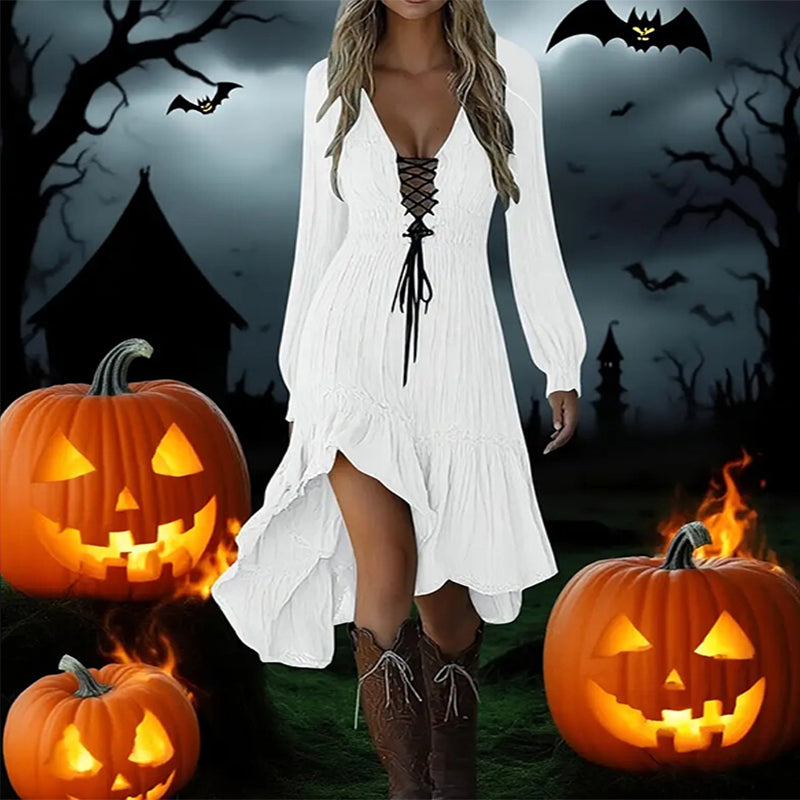 Women's Solid Color Deep V-Neck Irregular Ruffle Hem Sexy Tie-Waist With Cuffed Sleeves Summer Gothic Lace Trim Midi Dress