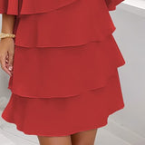 Women's Long Sleeve Crew Neck Tiered Layered Midi Dress , Asymmetrical Hem A-Line Short Elegant Party Dress