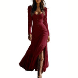 Women's Solid Color Vintage Western Long Sleeve Ruffle Lace Trim Sexy Maxi Dress With Center Slit Spring Fall Cowgirl Style Dress