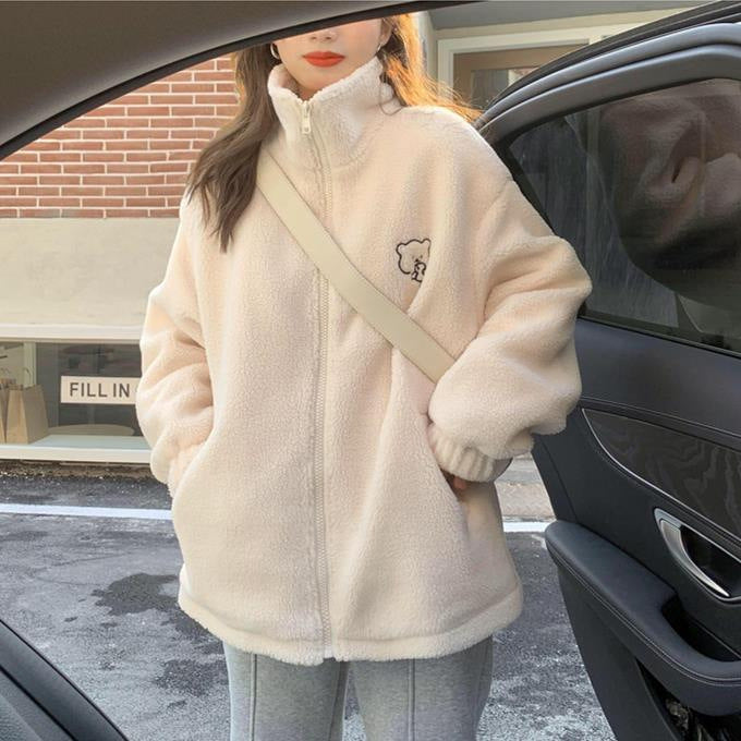 Loose Lapel Lamb Wool Coat For Women Thickened Western Style Cute Bear Plush Top