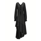 Women's Solid Color Deep V-Neck Irregular Ruffle Hem Sexy Tie-Waist With Cuffed Sleeves Summer Gothic Lace Trim Midi Dress