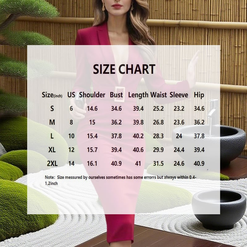 Women's Solid Color Blazer V-Neck Dress With Belt & Hem Slit - Slim Fit Formal Midi Dress For Spring&Fall