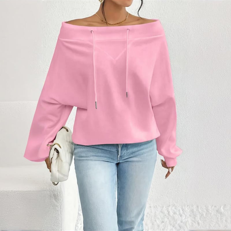 Plus Size Women's Solid Color Off-Shoulder Long Sleeve Pullover With Drawstring - Casual Ribbed Detail Top For Spring&Fall