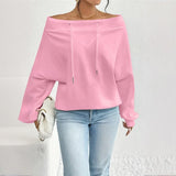 Plus Size Women's Solid Color Off-Shoulder Long Sleeve Pullover With Drawstring - Casual Ribbed Detail Top For Spring&Fall