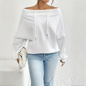 Plus Size Women's Solid Color Off-Shoulder Long Sleeve Pullover With Drawstring - Casual Ribbed Detail Top For Spring&Fall