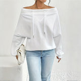 Plus Size Women's Solid Color Off-Shoulder Long Sleeve Pullover With Drawstring - Casual Ribbed Detail Top For Spring&Fall