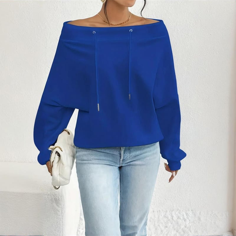 Plus Size Women's Solid Color Off-Shoulder Long Sleeve Pullover With Drawstring - Casual Ribbed Detail Top For Spring&Fall