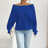 Plus Size Women's Solid Color Off-Shoulder Long Sleeve Pullover With Drawstring - Casual Ribbed Detail Top For Spring&Fall