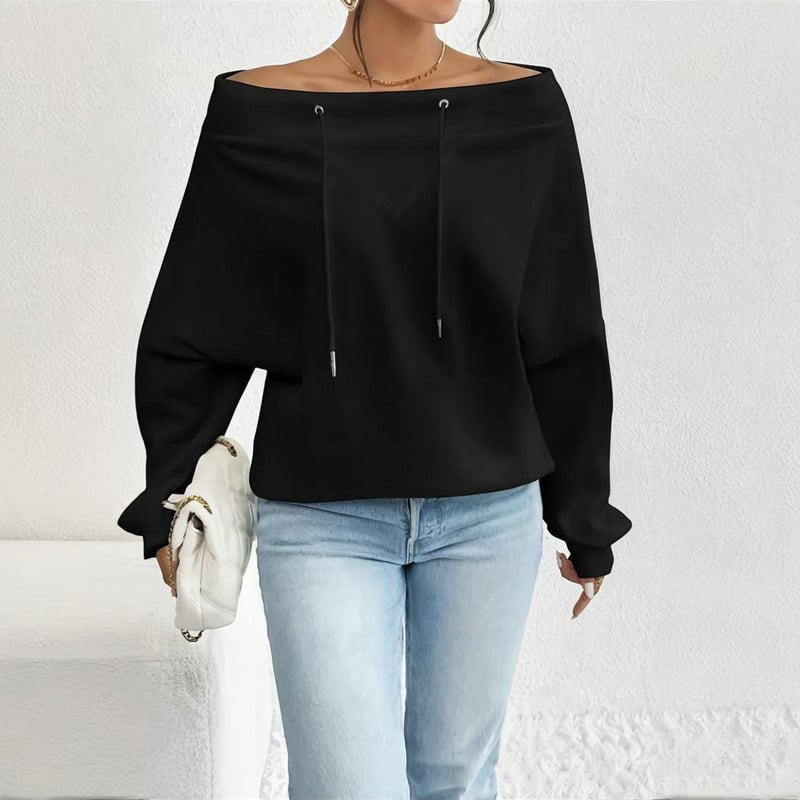 Plus Size Women's Solid Color Off-Shoulder Long Sleeve Pullover With Drawstring - Casual Ribbed Detail Top For Spring&Fall