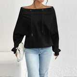 Plus Size Women's Solid Color Off-Shoulder Long Sleeve Pullover With Drawstring - Casual Ribbed Detail Top For Spring&Fall