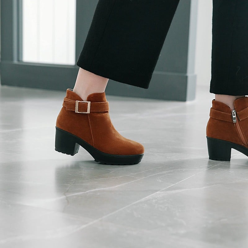 Mid Heel Boots Women's Shoes Belt Buckle Large Size 40-48 Suede Martin Boots