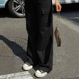 Women's Solid Color Wide Leg Pants With 4 Pockets - Button & Zip Front Casual Trousers For Spring&Fall