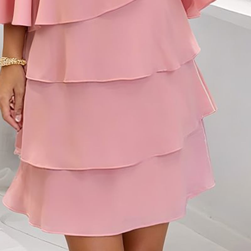 Women's Long Sleeve Crew Neck Tiered Layered Midi Dress , Asymmetrical Hem A-Line Short Elegant Party Dress