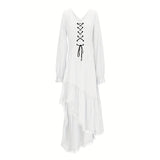 Women's Solid Color Deep V-Neck Irregular Ruffle Hem Sexy Tie-Waist With Cuffed Sleeves Summer Gothic Lace Trim Midi Dress