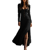 Women's Solid Color Vintage Western Long Sleeve Ruffle Lace Trim Sexy Maxi Dress With Center Slit Spring Fall Cowgirl Style Dress