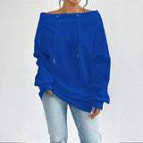 Plus Size Women's Solid Color Off-Shoulder Long Sleeve Pullover With Drawstring - Casual Ribbed Detail Top For Spring&Fall
