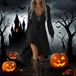 Women's Solid Color Deep V-Neck Irregular Ruffle Hem Sexy Tie-Waist With Cuffed Sleeves Summer Gothic Lace Trim Midi Dress