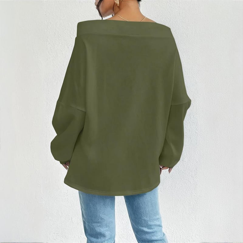 Plus Size Women's Solid Color Off-Shoulder Long Sleeve Pullover With Drawstring - Casual Ribbed Detail Top For Spring&Fall