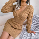 Women's 2025 Fall Winter V-Neck Bodycon Mini Sweater Dress Long Sleeve Pullover Knit Dress Casual & Sexy Tight Fit