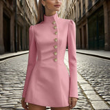 Women's Solid Color Stand Collar Single-Breasted Blazer Dress - Long Sleeve Slim Fit Formal Short Dress For Spring Summer