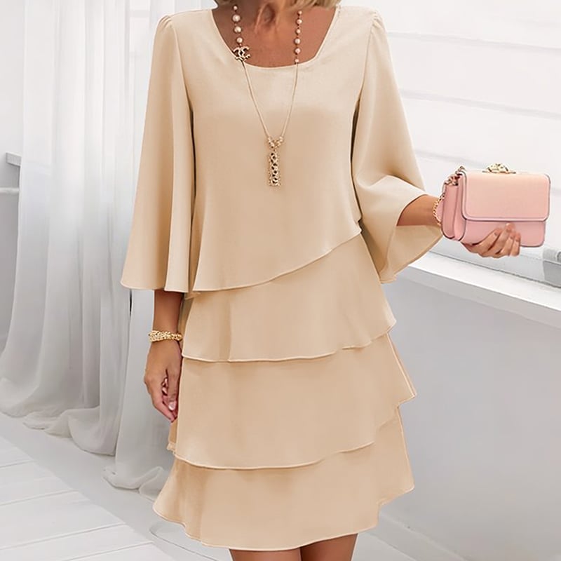 Women's Long Sleeve Crew Neck Tiered Layered Midi Dress , Asymmetrical Hem A-Line Short Elegant Party Dress