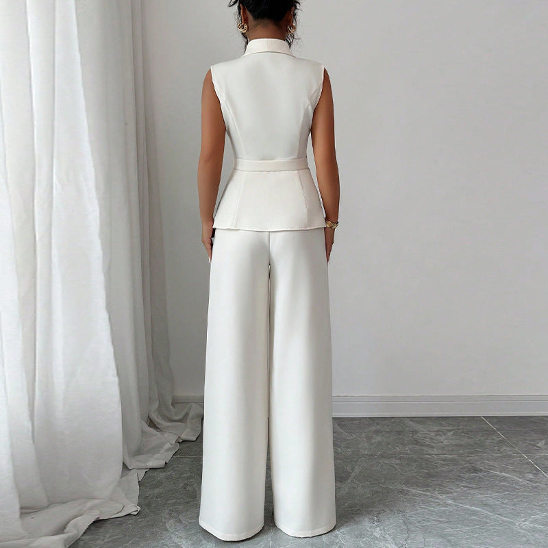 Solid Color Vest Straight-leg Trousers Suit For Women