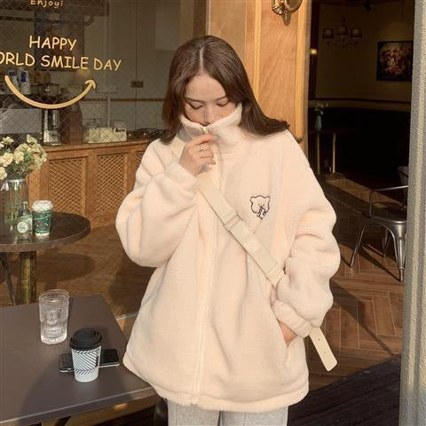 Loose Lapel Lamb Wool Coat For Women Thickened Western Style Cute Bear Plush Top