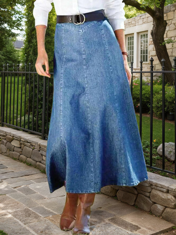 2025 Spring New Women's High Waist Loose A-line Cowboy Skirt, Medium Length Elastic Casual Solid Color Skirt, Elegant For Office And Daily Wear, Fashionable Style Smooth, Cowboy Fabric Washable