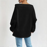 Plus Size Women's Solid Color Off-Shoulder Long Sleeve Pullover With Drawstring - Casual Ribbed Detail Top For Spring&Fall