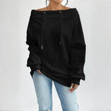 Plus Size Women's Solid Color Off-Shoulder Long Sleeve Pullover With Drawstring - Casual Ribbed Detail Top For Spring&Fall