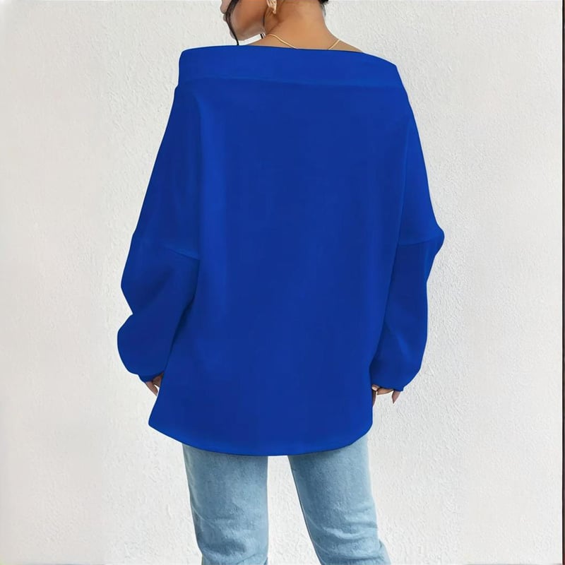 Plus Size Women's Solid Color Off-Shoulder Long Sleeve Pullover With Drawstring - Casual Ribbed Detail Top For Spring&Fall