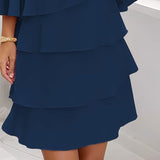 Women's Long Sleeve Crew Neck Tiered Layered Midi Dress , Asymmetrical Hem A-Line Short Elegant Party Dress